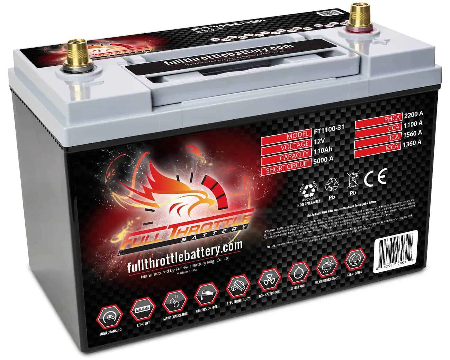 Full Throttle Battery FT1100-31 FT-Series AGM 12 V Battery, Group: 31, 1100 CCA, 110 AH, Brass SAE Terminal RHP