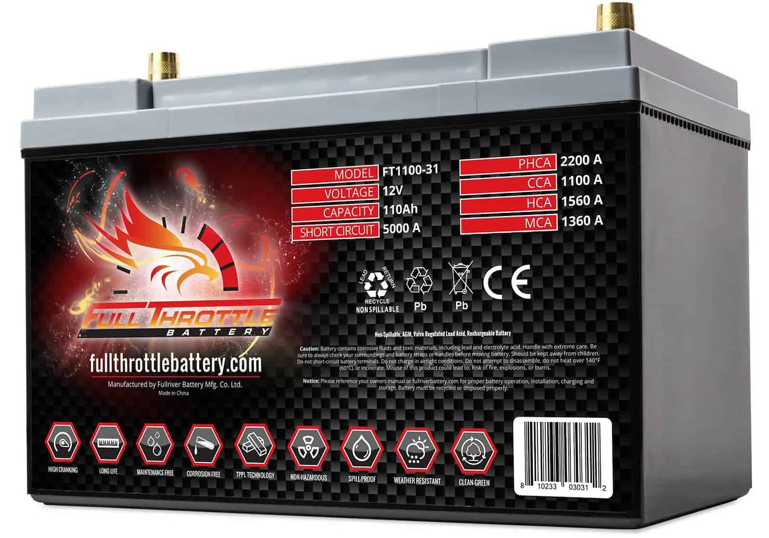 Full Throttle Battery FT1100-31 FT-Series AGM 12 V Battery, Group: 31, 1100 CCA, 110 AH, Brass SAE Terminal RHP
