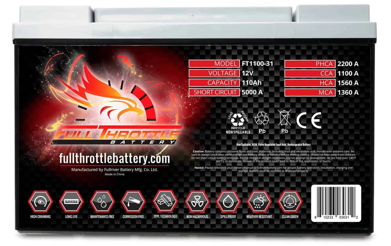 Full Throttle Battery FT1100-31 FT-Series AGM 12 V Battery, Group: 31, 1100 CCA, 110 AH, Brass SAE Terminal RHP