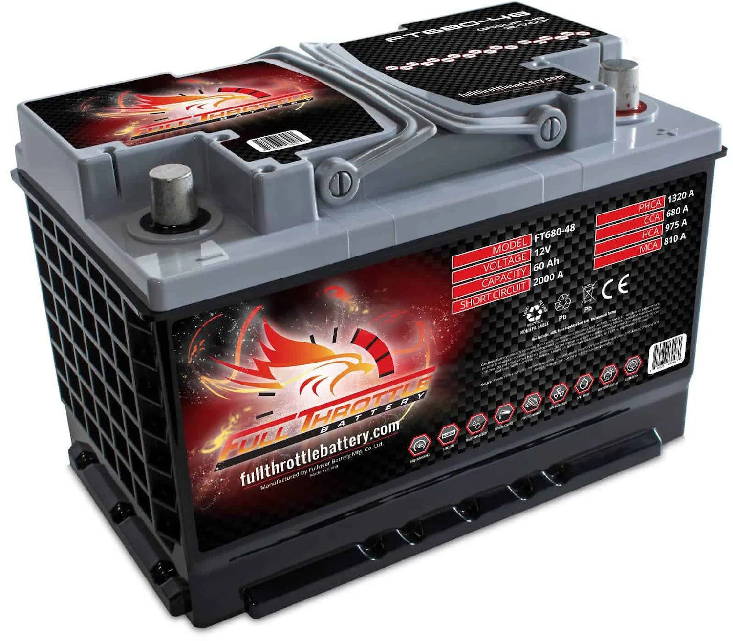 Full Throttle Battery FT680-48 FT-Series AGM 12 V Battery, Group: 48/L3/H6, 680 CCA, 60 AH, Brass SAE Terminal RHP