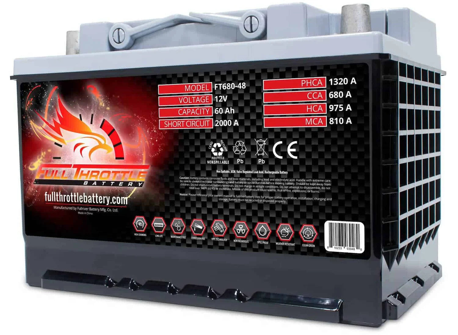 Full Throttle Battery FT680-48 FT-Series AGM 12 V Battery, Group: 48/L3/H6, 680 CCA, 60 AH, Brass SAE Terminal RHP