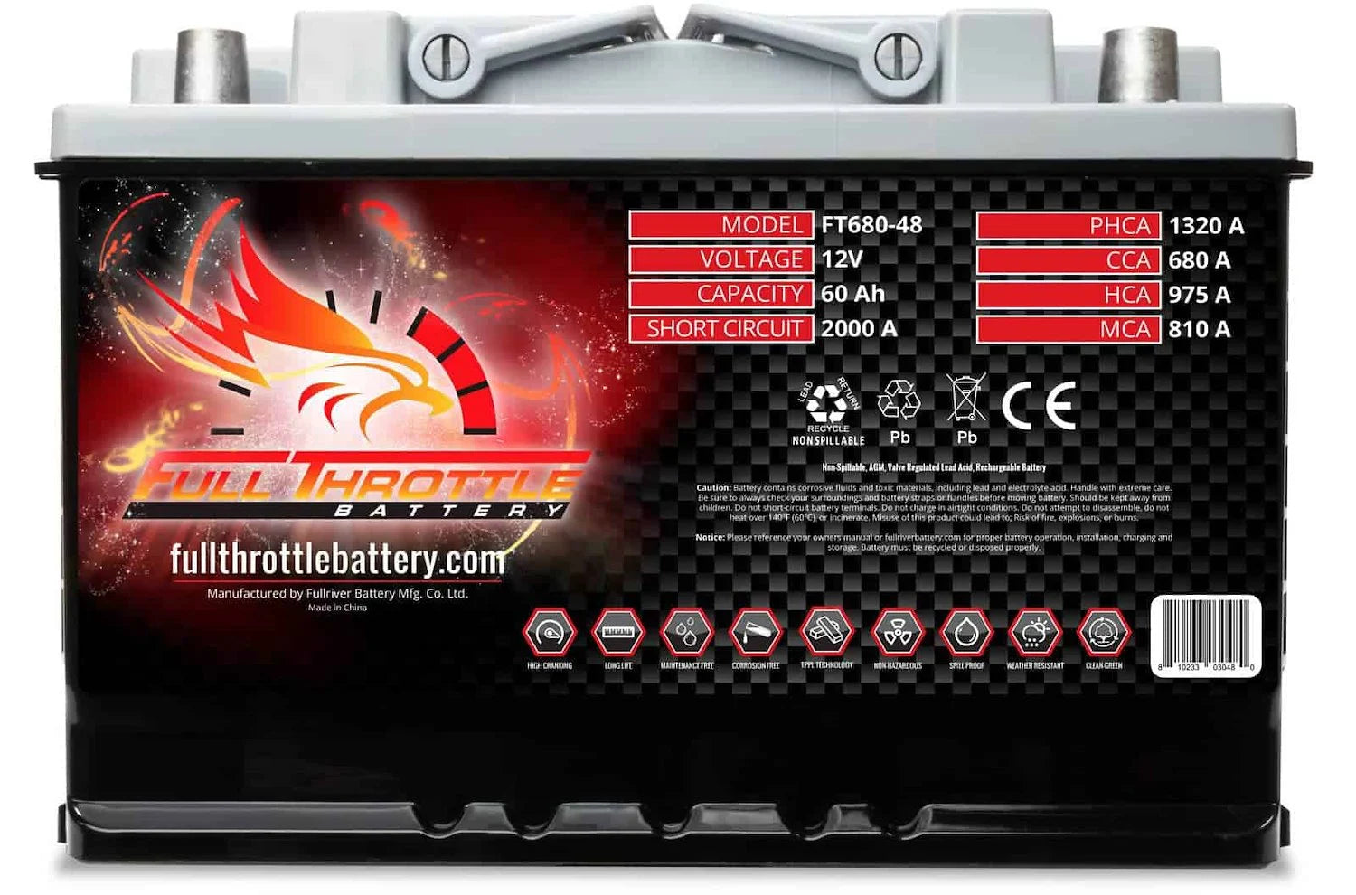 Full Throttle Battery FT680-48 FT-Series AGM 12 V Battery, Group: 48/L3/H6, 680 CCA, 60 AH, Brass SAE Terminal RHP