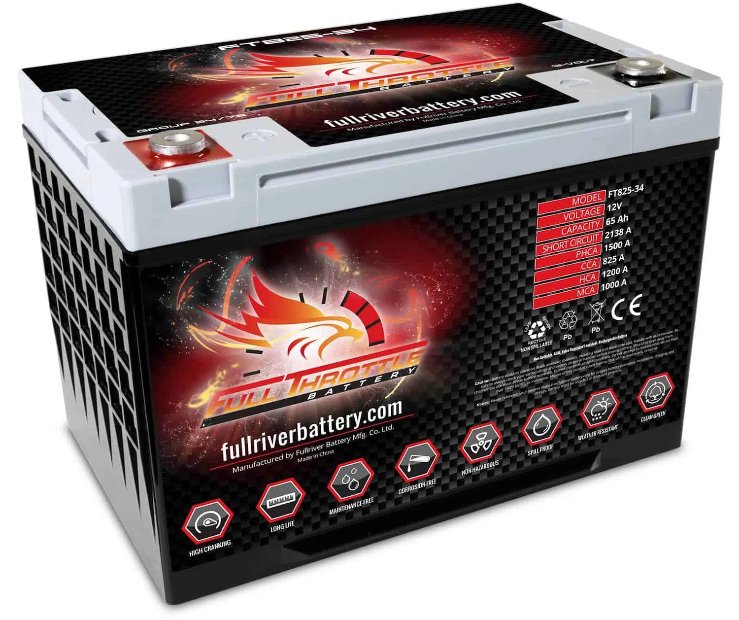 Full Throttle Battery FT825-34 FT-Series AGM 12 V Battery, Group: 34, 825 CCA, 65 AH, Brass SAE Terminal - LHP