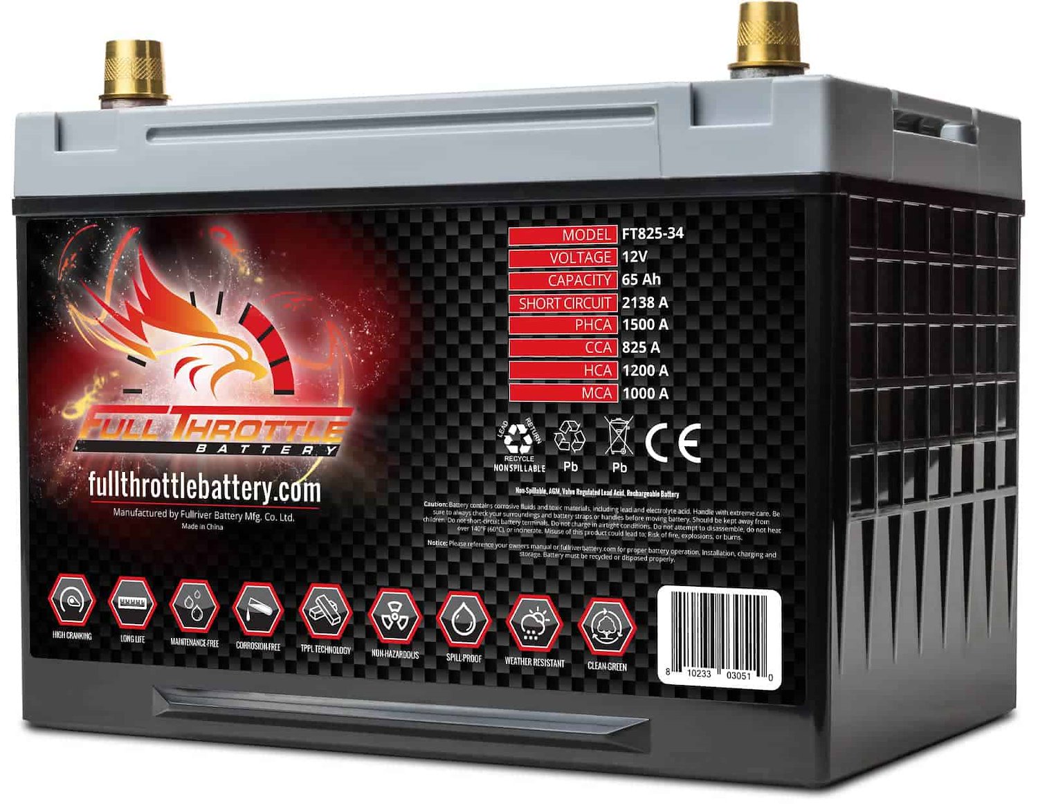 Full Throttle Battery FT825-34 FT-Series AGM 12 V Battery, Group: 34, 825 CCA, 65 AH, Brass SAE Terminal - LHP