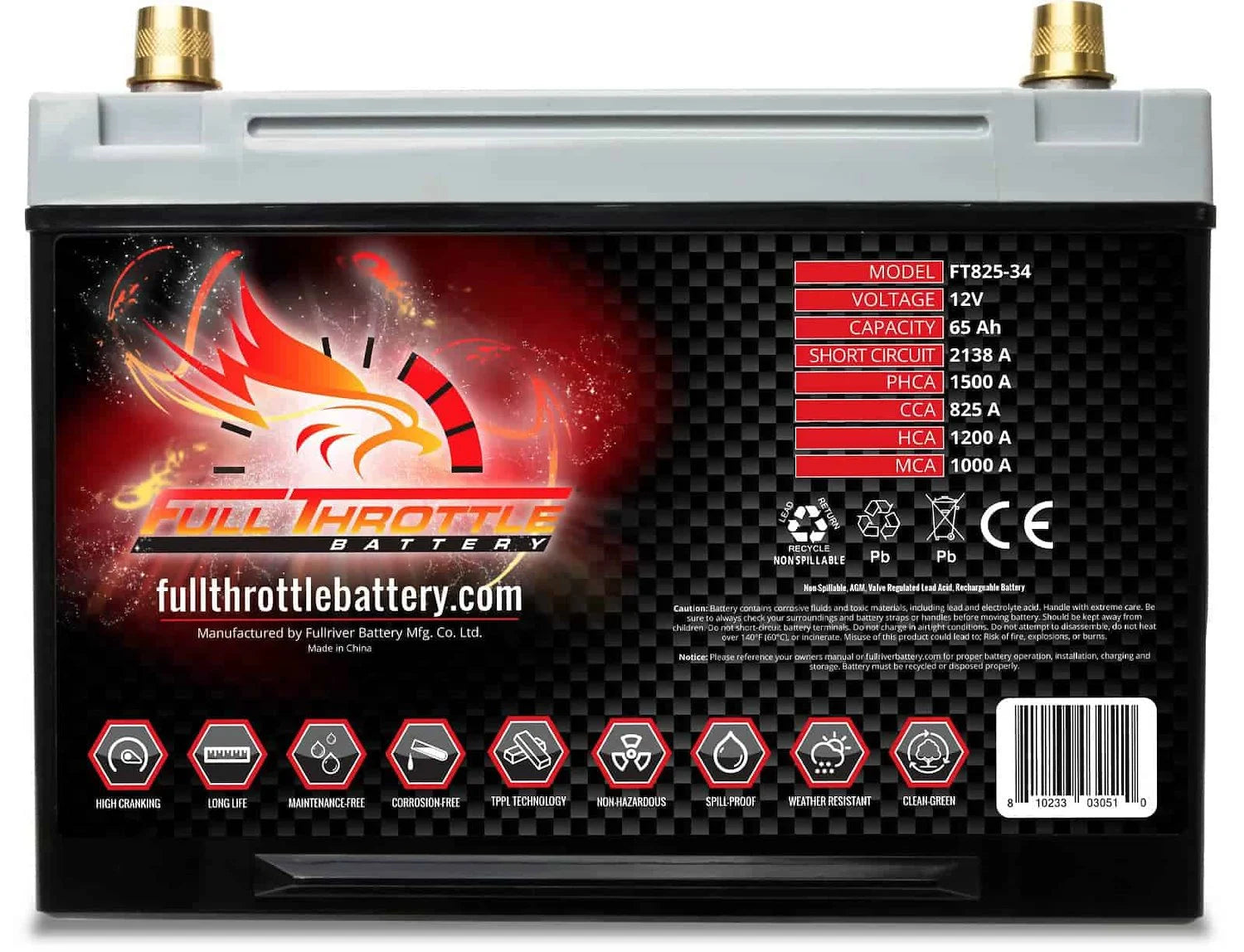Full Throttle Battery FT825-34 FT-Series AGM 12 V Battery, Group: 34, 825 CCA, 65 AH, Brass SAE Terminal - LHP