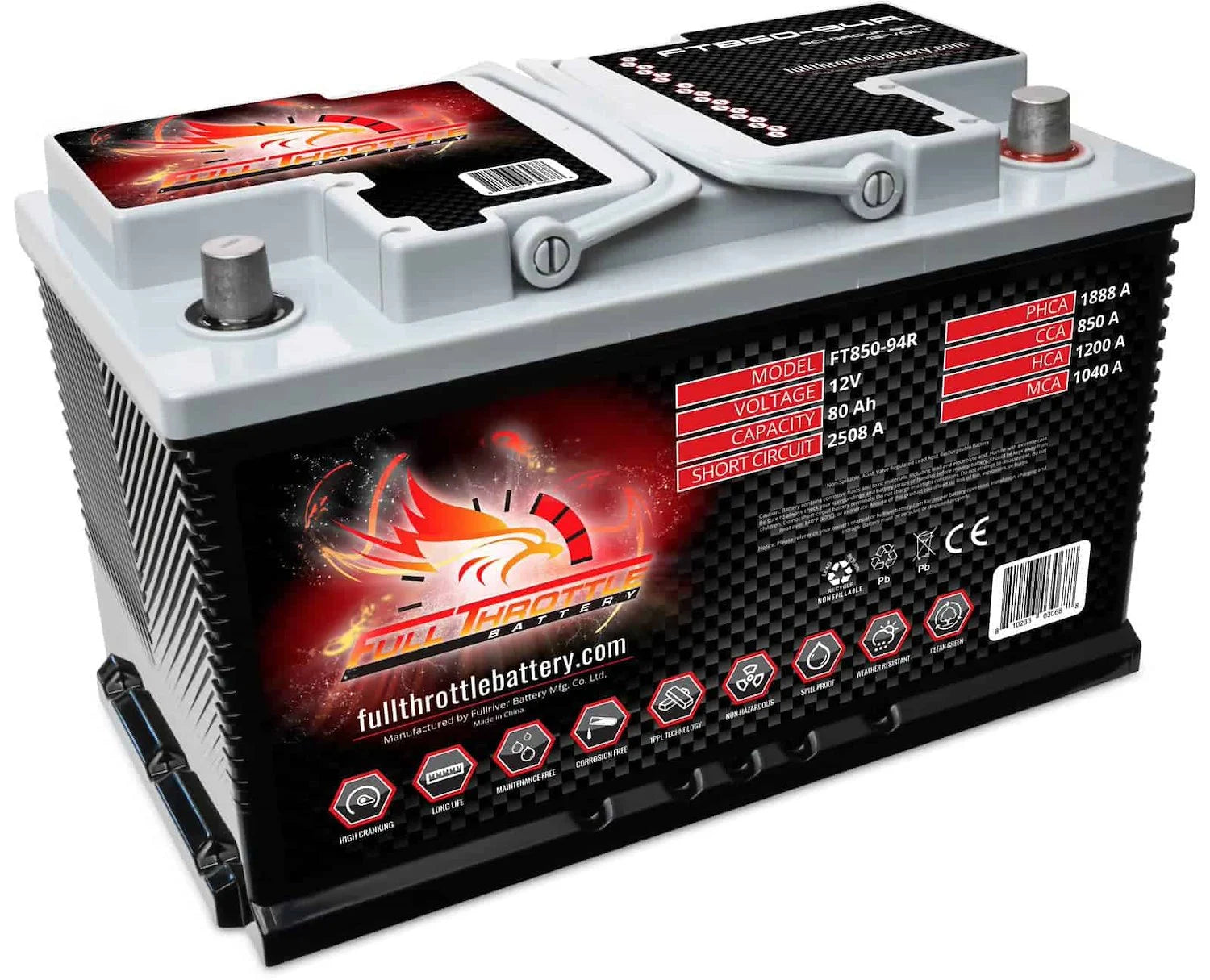 Full Throttle Battery FT850-94R FT-Series AGM 12 V Battery, Group: 94R, 850 CCA, 88 AH, Brass SAE Terminal - LHP