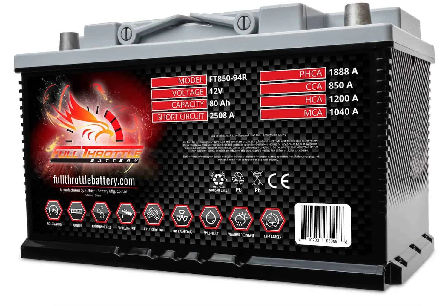 Full Throttle Battery FT850-94R FT-Series AGM 12 V Battery, Group: 94R, 850 CCA, 88 AH, Brass SAE Terminal - LHP