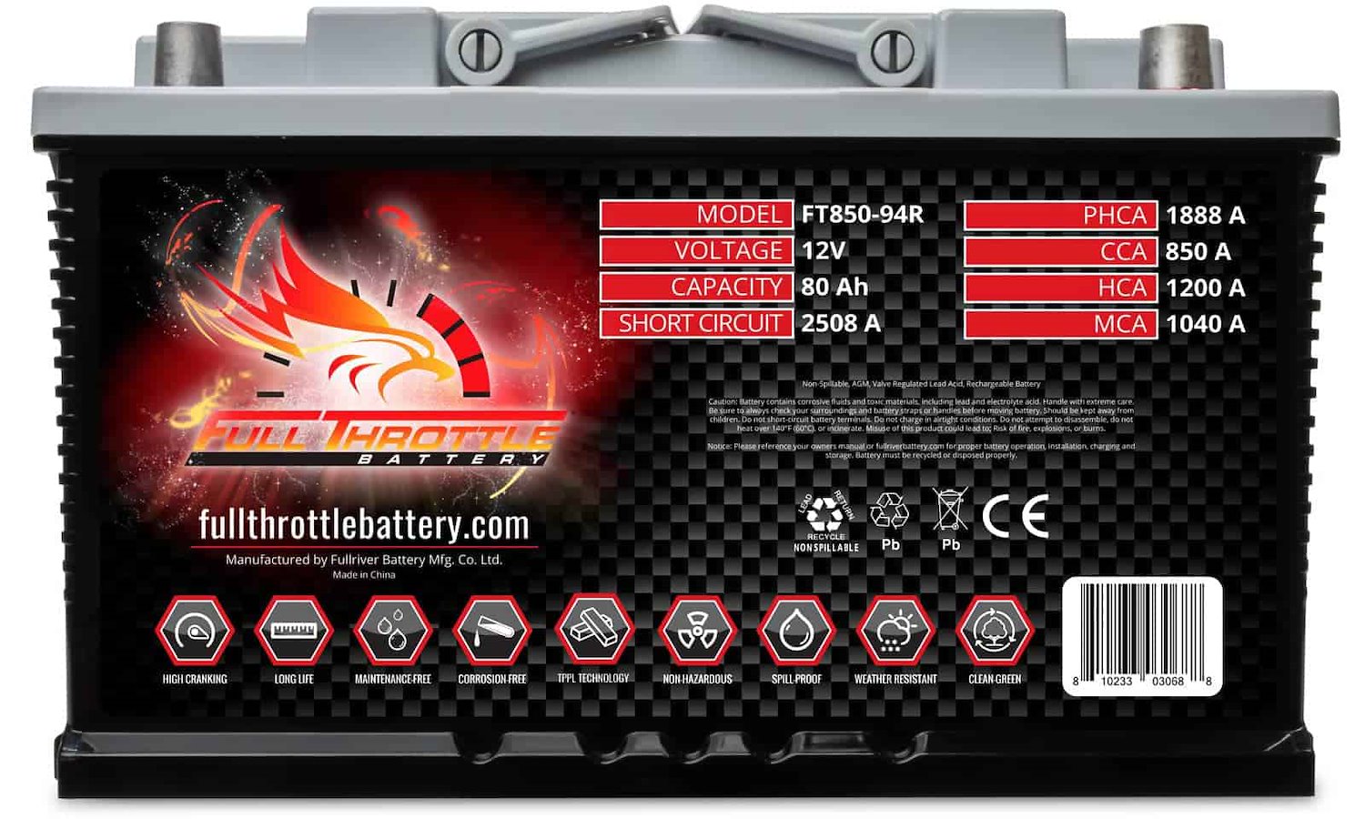 Full Throttle Battery FT850-94R FT-Series AGM 12 V Battery, Group: 94R, 850 CCA, 88 AH, Brass SAE Terminal - LHP