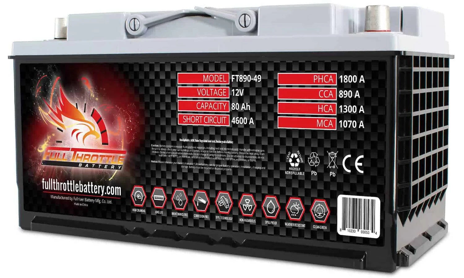 Full Throttle Battery FT890-49 FT-Series AGM 12 V Battery, Group: 49/L5/H8, 890 CCA, 80 AH, Brass SAE Terminal RHP