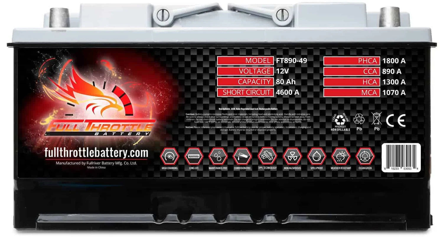 Full Throttle Battery FT890-49 FT-Series AGM 12 V Battery, Group: 49/L5/H8, 890 CCA, 80 AH, Brass SAE Terminal RHP
