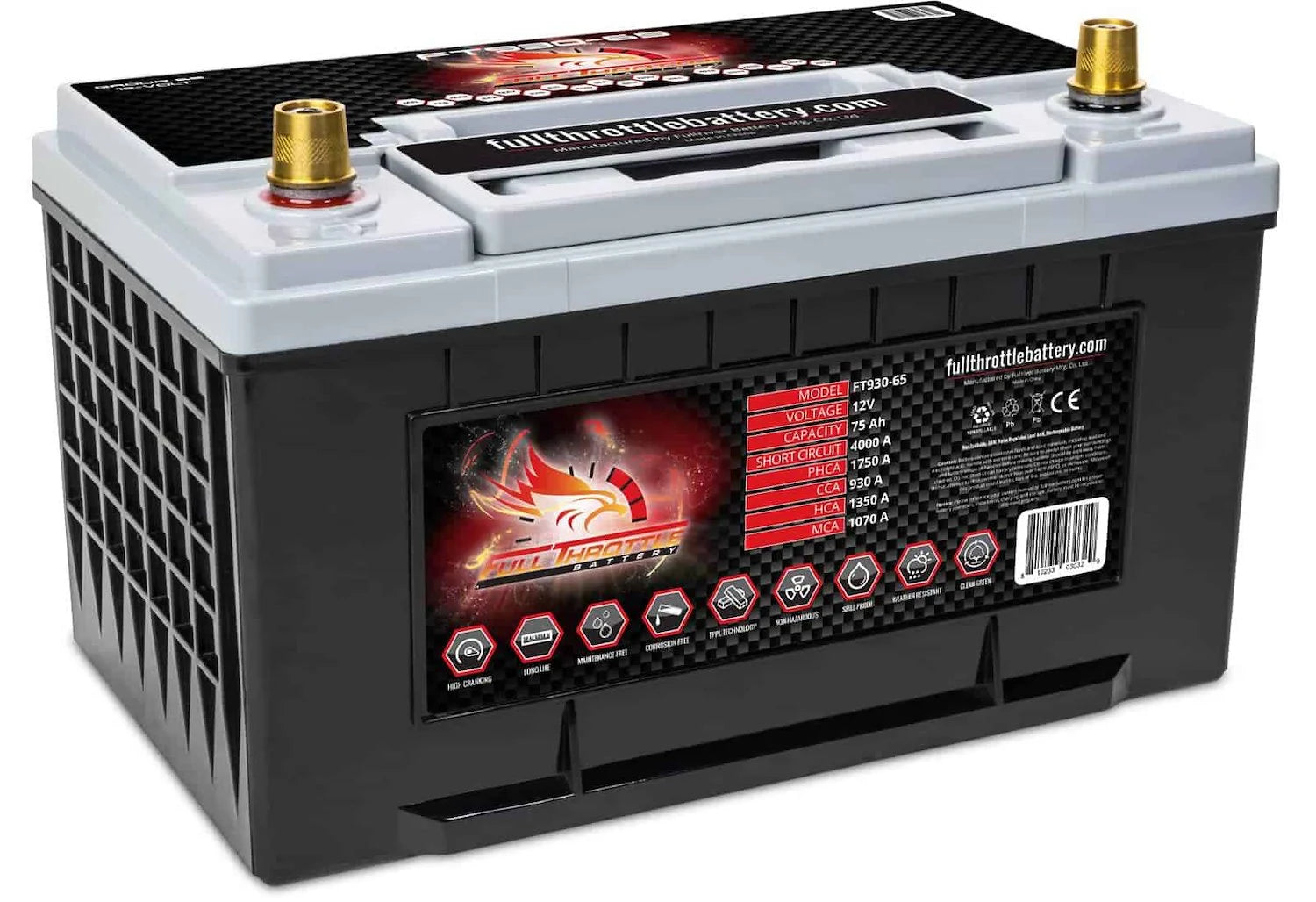 Full Throttle Battery FT930-65 FT-Series AGM 12 V Battery, Group: 65, 930 CCA, 75 AH, Brass SAE Terminal - LHP