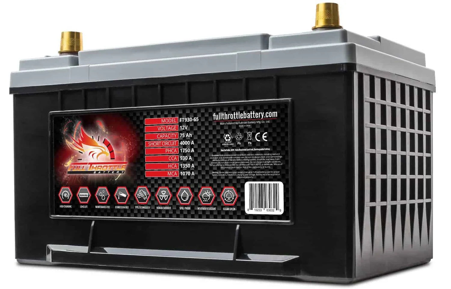 Full Throttle Battery FT930-65 FT-Series AGM 12 V Battery, Group: 65, 930 CCA, 75 AH, Brass SAE Terminal - LHP