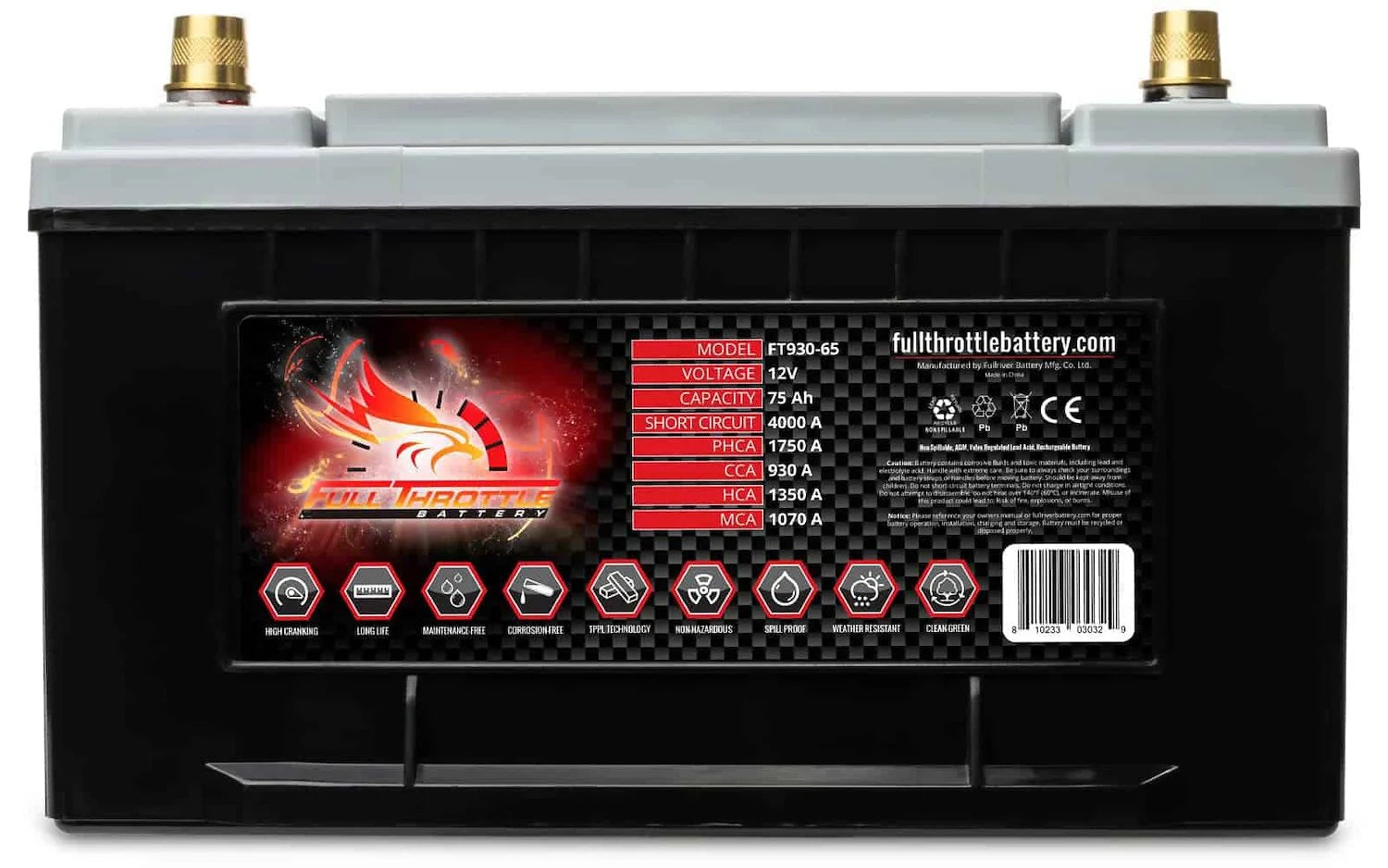 Full Throttle Battery FT930-65 FT-Series AGM 12 V Battery, Group: 65, 930 CCA, 75 AH, Brass SAE Terminal - LHP