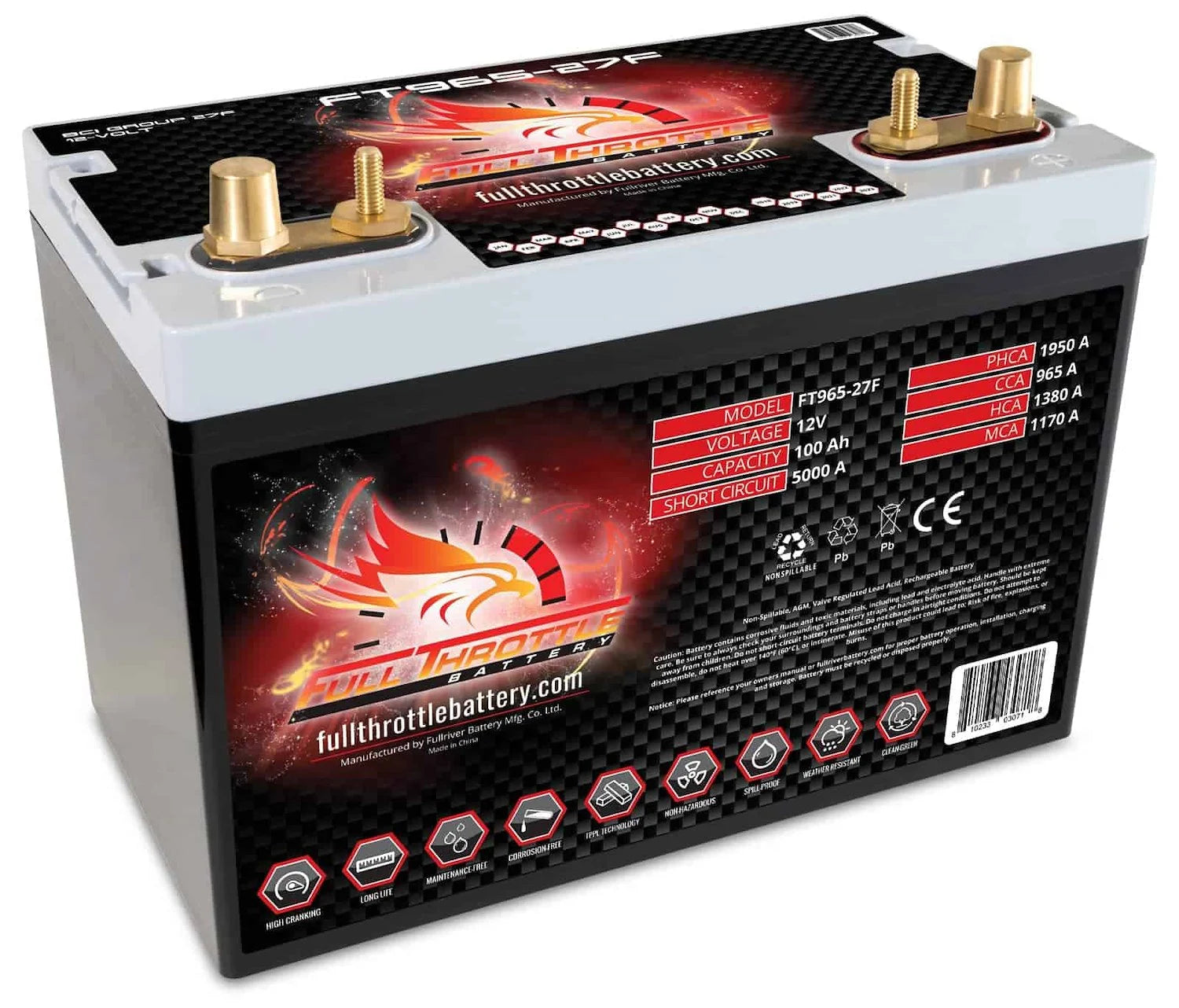 Full Throttle Battery FT965-27F FT-Series AGM 12 V Battery, Group: 27F, 965 CCA, 100 AH, Brass SAE & Stud Terminal