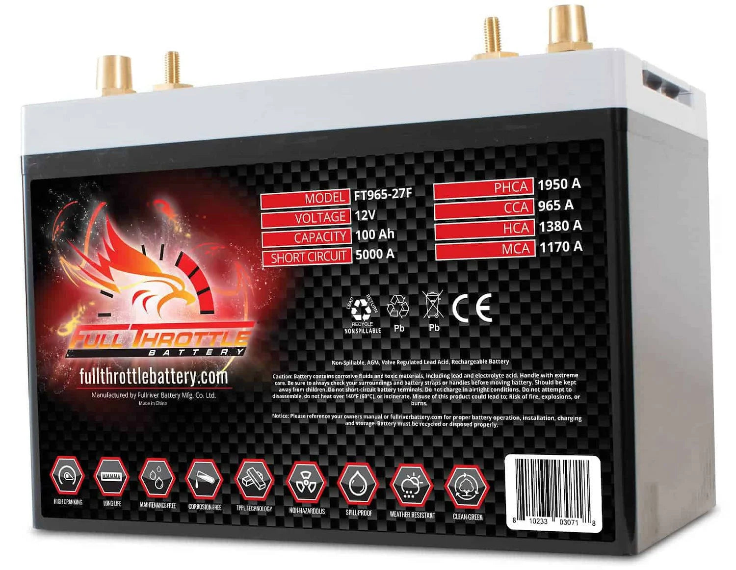 Full Throttle Battery FT965-27F FT-Series AGM 12 V Battery, Group: 27F, 965 CCA, 100 AH, Brass SAE & Stud Terminal