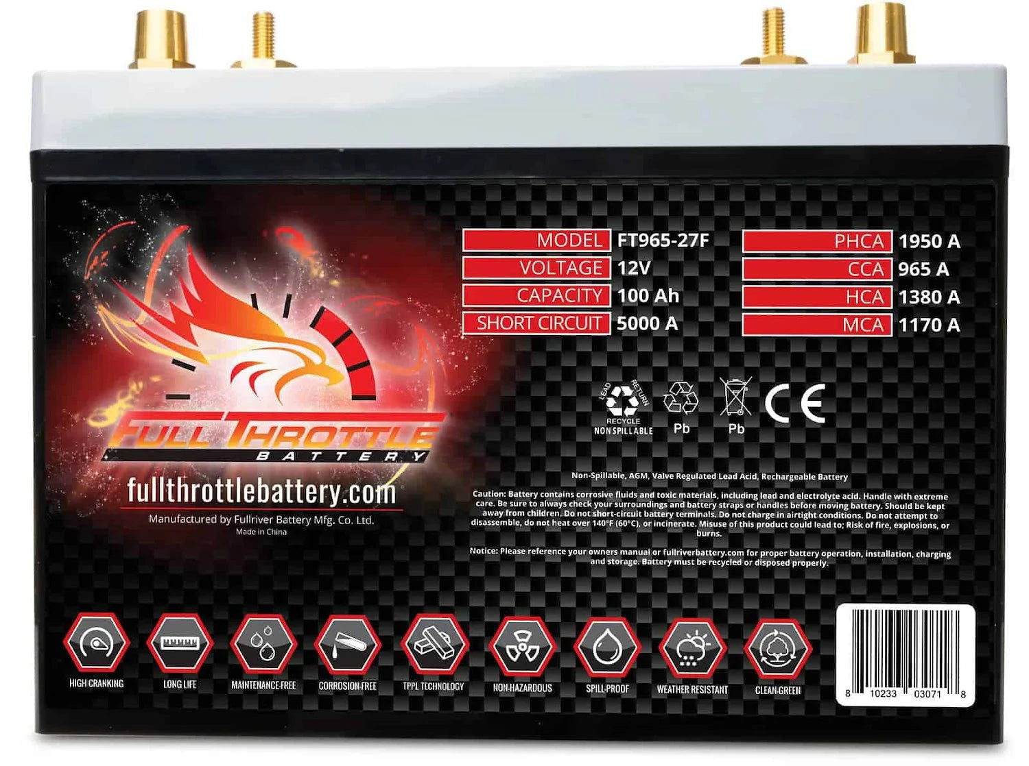 Full Throttle Battery FT965-27F FT-Series AGM 12 V Battery, Group: 27F, 965 CCA, 100 AH, Brass SAE & Stud Terminal