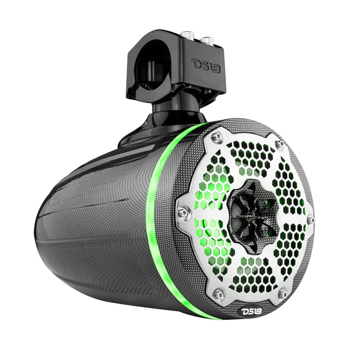 DS18 CF-PS6 HYDRO 6.5" Short Marine Towers with Flat and Pole Mount, RGB LED Lights 375 Watts Black Carbon Fiber